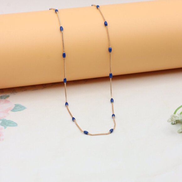"Rose Gold Beaded Necklace with Blue Accents, Adjustable, XPNL0337 - Picture 8 of 11